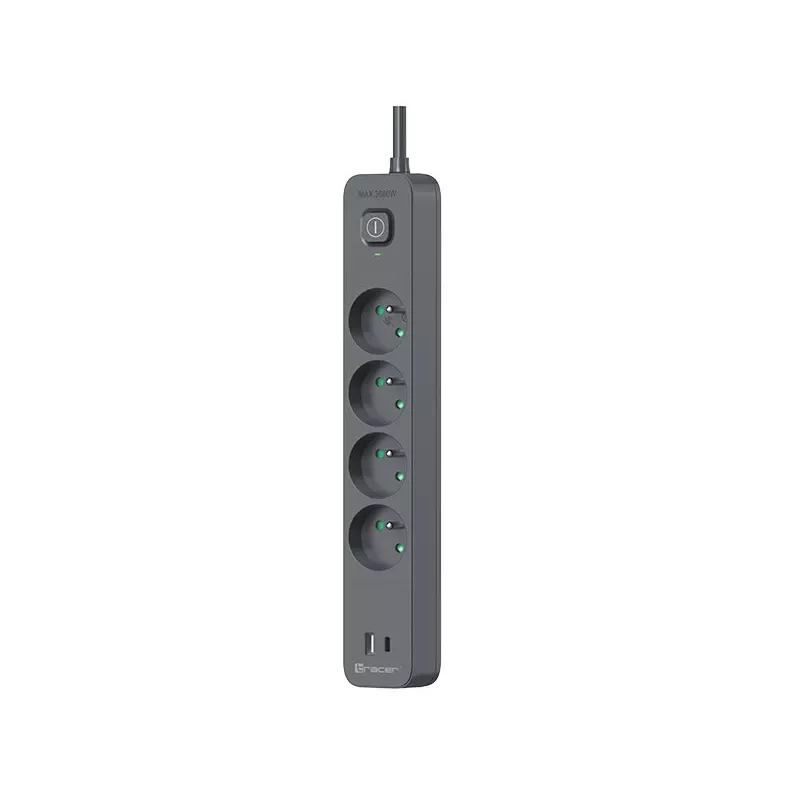 Tracer Power Line+ TRALIS47026 jatkojohto, 4 pistorasiaa, USB-A + USB-C PD 18 W, 1,5 m, grafiitti