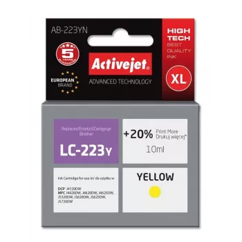 Mustekasetti ActiveJet AB-223YN keltainen, yhteensopiva Brotherille, väripohjainen 10 ml, suuri (XL) riitto, yksittäispakkaus