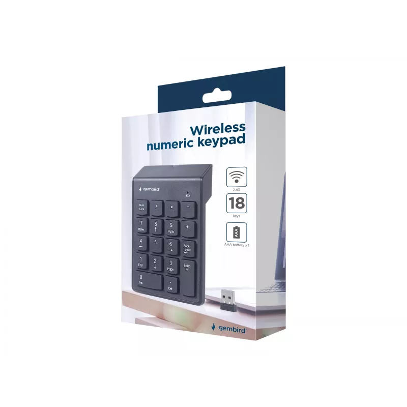 Gembird KPD-W-02 langaton numeronäppäimistö, 2,4 GHz, USB, 18 näppäintä, musta