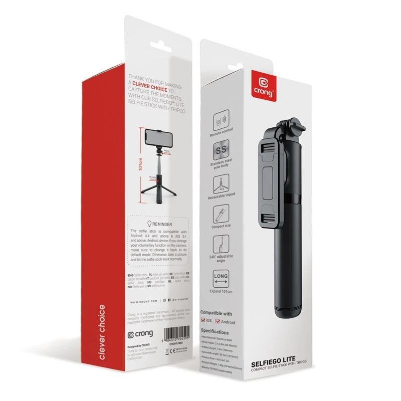 SelfieGo kompakti selfie-tikku Bluetooth-jalusta (20-101 cm) Crong CRGSGL1B