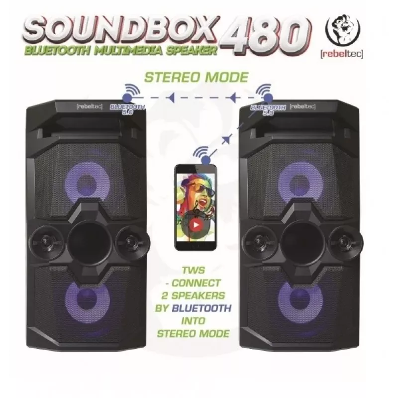 Rebeltec SoundBox 480 kannettava Bluetooth-stereokaiutin musta, 50W RMS