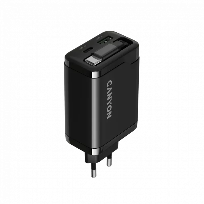 Laturi CANYON OnCharge 65RC integroidulla USB-C-kaapelilla, 65 W, 1x PD, 1x QC, EU-pistoke, musta