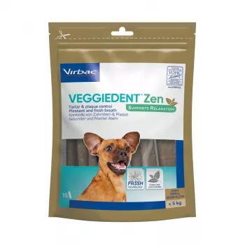 Kuivat hampaidenhoitotikut koirille VIRBAC VEGGIEDENT ZEN XS × 15 pienille koirille, 15 tikut pakkaus