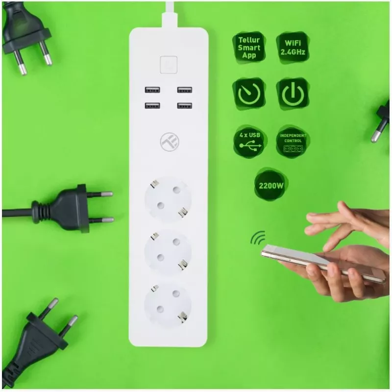 Tellur WiFi älypistorasia 3 AC-pistorasialla ja 4 USB-portilla (4A)