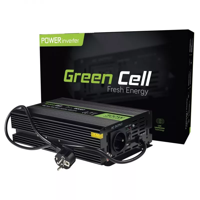 Jännitemuunnin Green Cell INV07, DC 12 V → AC 230 V, 300 W, 50 Hz, Type-C-pistoke, musta