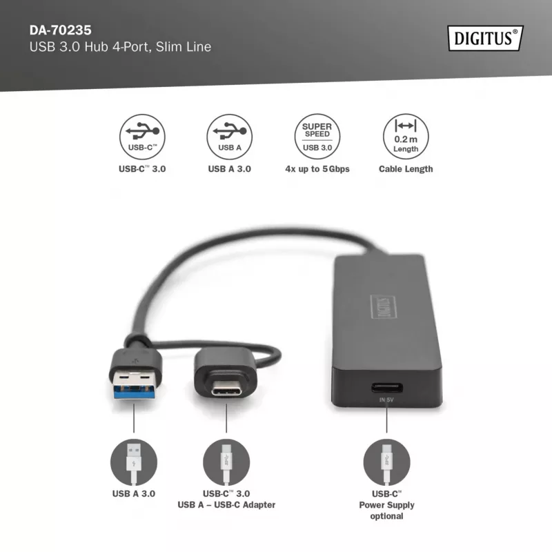 USB-keskitin, Digitus, DA-70235, 4 porttia, USB 3.2 Gen 1, Type-A ja Type-C, 12000 Mbit/s