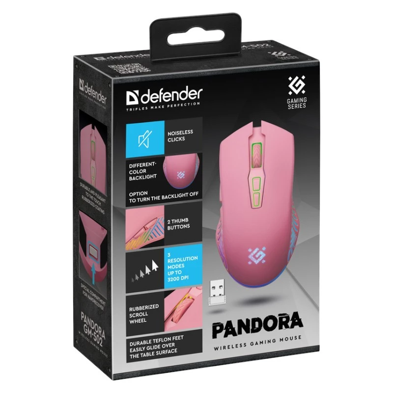 Langaton pelihiiri DEFENDER P ANDORA PINK liitäntä