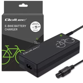 Sähköpyörän laturi QOLTEC 36V–42V 2A GX12 3-pin-liittimellä