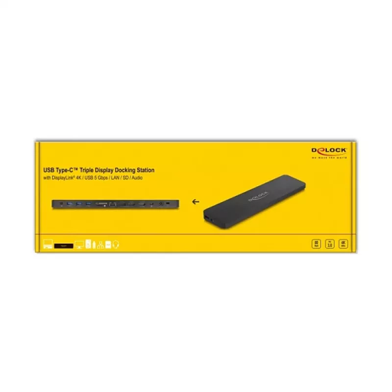 DeLOCK USB Type-C Triple Display -telakointiasema 4K USB 5 Gbps LAN SD audio PD 80 W