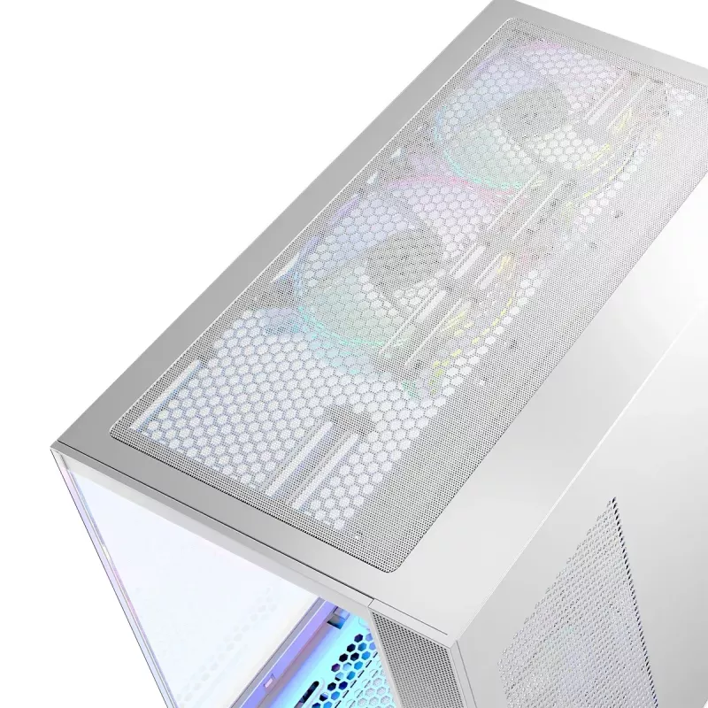 PC-kotelo MODECOM Volcano Panorama Midi Tower valkoinen — micro ATX, karkaistu lasi, ARGB, USB-C, tukee GPU 400 mm