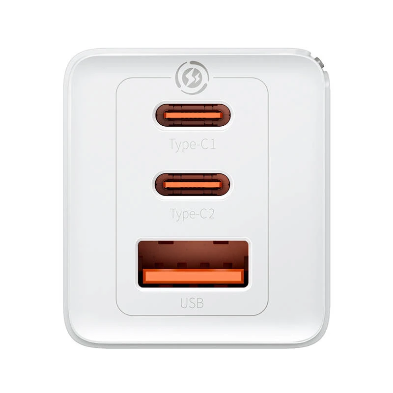 Seinälaturi Baseus GaN5 Pro 65W — USB + 2×USB-C (QC3.0, PD3.0) 1m USB-C-kaapelilla, valkoinen