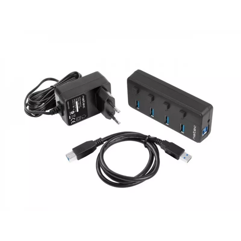 Natec Mantis 2 NHU-1557 4-porttinen USB 3.0 -hubi, USB Type-B -tulo, virtakytkimet, verkkolaite, musta