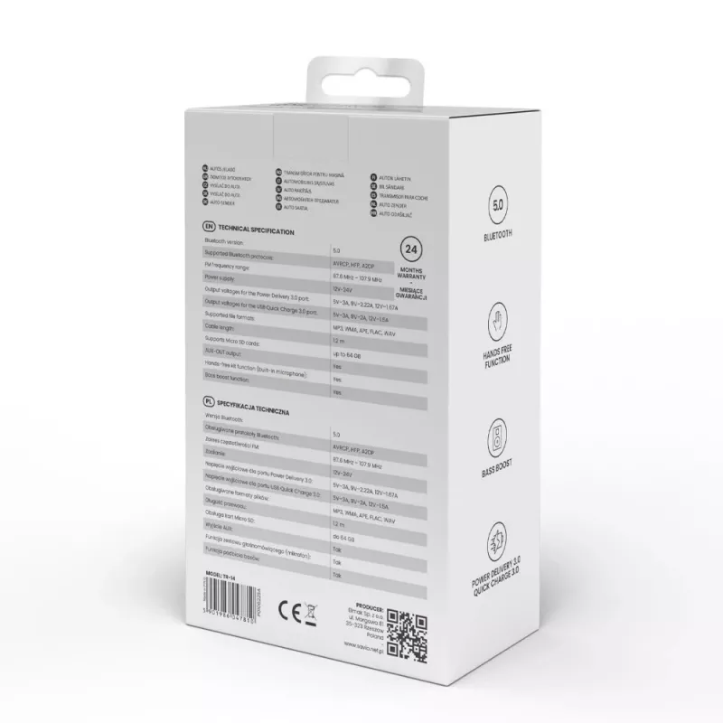 FM-lähetin SAVIO TR-14 Bluetooth USB, FM 87,6–107,9 MHz, MicroSD, USB-C, 12 V autovirtalähde