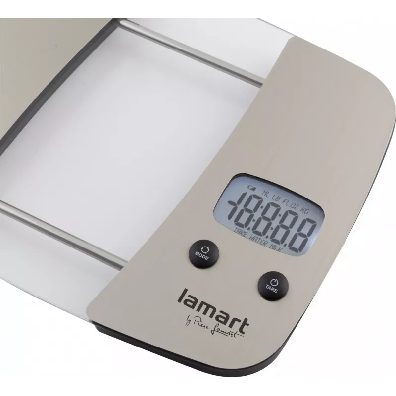 Keittiövaaka LAMART LT7071 harmaa LCD-näytöllä, kosketusnäppäimet, yksiköt g/kg/ml/lb:oz, 2×AAA