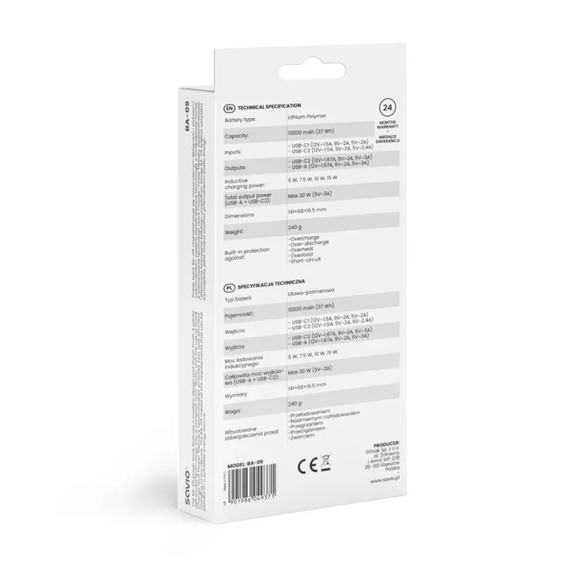Savio BA-09 langaton varavirtalähde, 10000 mAh, musta