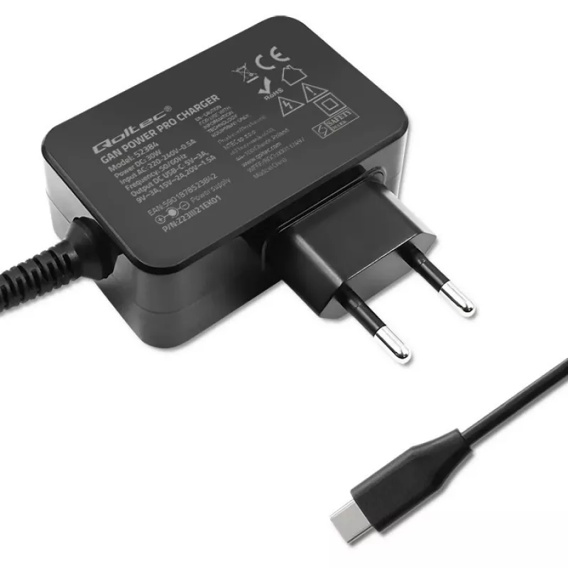 Virtalähde QOLTEC 52384 GaN 30W lähtö 5–20V USB-laturi