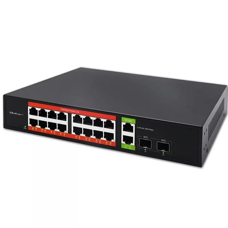 Verkkokytkin QOLTEC 52292 — Gigabit Ethernet PoE, 16x RJ45, 2x RJ45 uplink, 2x SFP