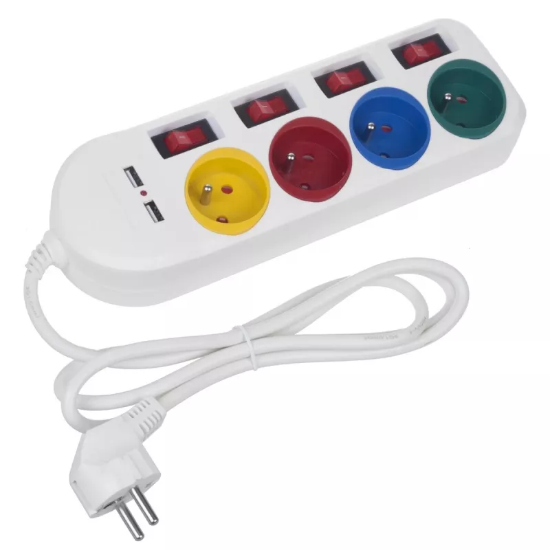 Jatkojohto MACLEAN MCE229W — 4 pistorasiaa, 2× USB, 1,5 m kaapeli, tyyppi F, 10 A, valkoinen