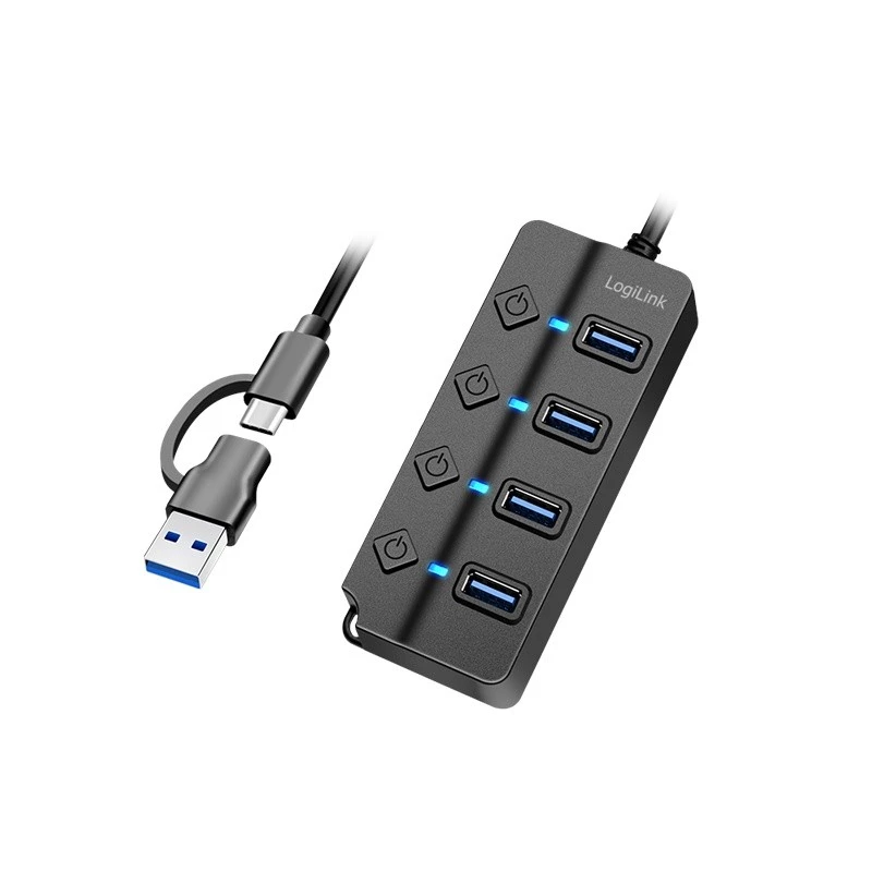 USB 3.2 Gen1 -keskitin, 4x USB-A on/off-kytkin