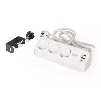 Jatkojohto DIGITUS 3-pistorasia, 2×USB-A ja 1×USB-C, 3 AC-pistorasiaa tyyppi E/F, 1,5 m kaapeli, valkoinen