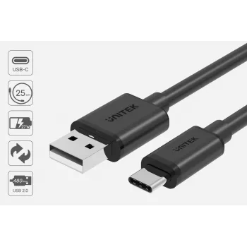 USB-A–USB-C-kaapeli Unitek C14068BK, 2 m, USB 2.0, musta, pistoke-pistoke