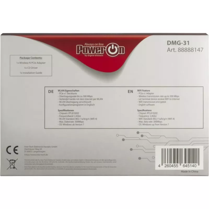 Inter-Tech DMG-31 - sisäinen - langaton - PCI Express - Wi-Fi - Wi-Fi 4 (802.11n) - 300 Mbit/s (88888147)