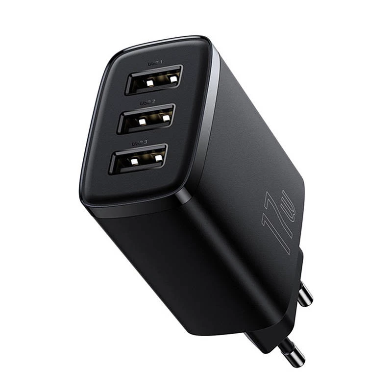 Baseus kompakti pikalaturi, 3x USB, 17 W (musta)