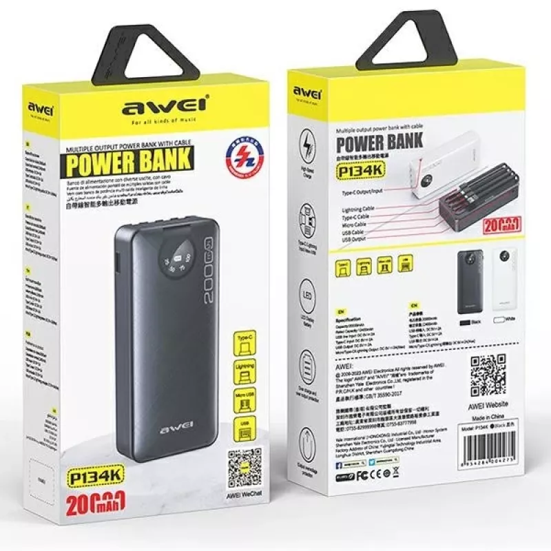 Kannettava varavirtalähde AWEI P134K 20000mAh