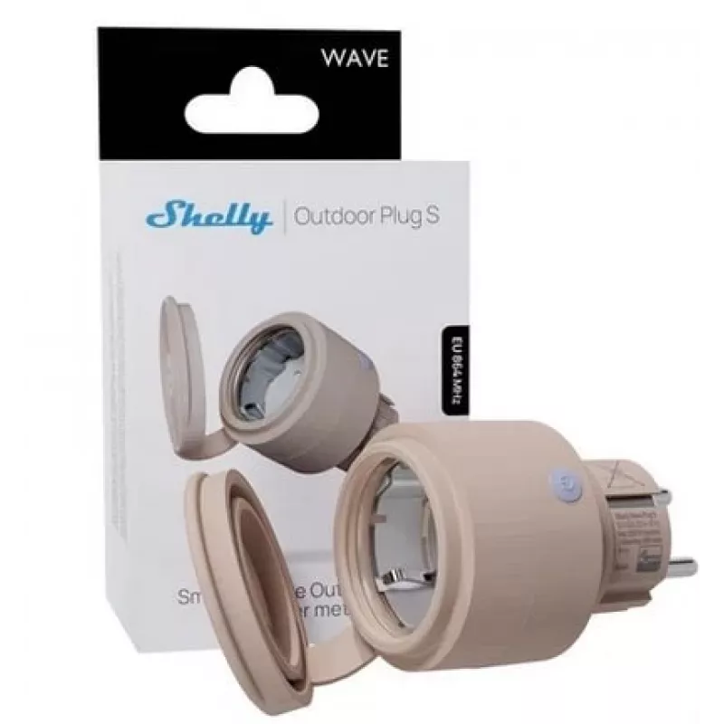 Shelly Wave Outdoor Plug S LR älypistoke ulkokäyttöön, Z-Wave Long Range, IP44, 230 V, 12 A, 2500 W, energiamittaus, SmartStart, OTA, LED, mokka