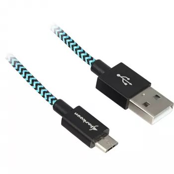 USB 2.0 -kaapeli, USB-A-pistoke > Micro-USB-pistoke (musta/vaaleansininen, 3 metriä, päällystetty)