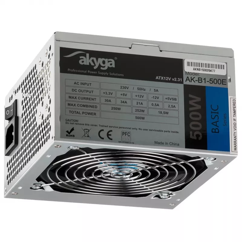Akyga AK-B1-500E Basic 500 W ATX-virtalähde, passiivinen PFC, 120 mm tuuletin, harmaa