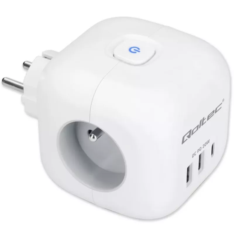 Jatkojohto QOLTEC 52548 3× AC-pistorasialla ja USB-liitännällä