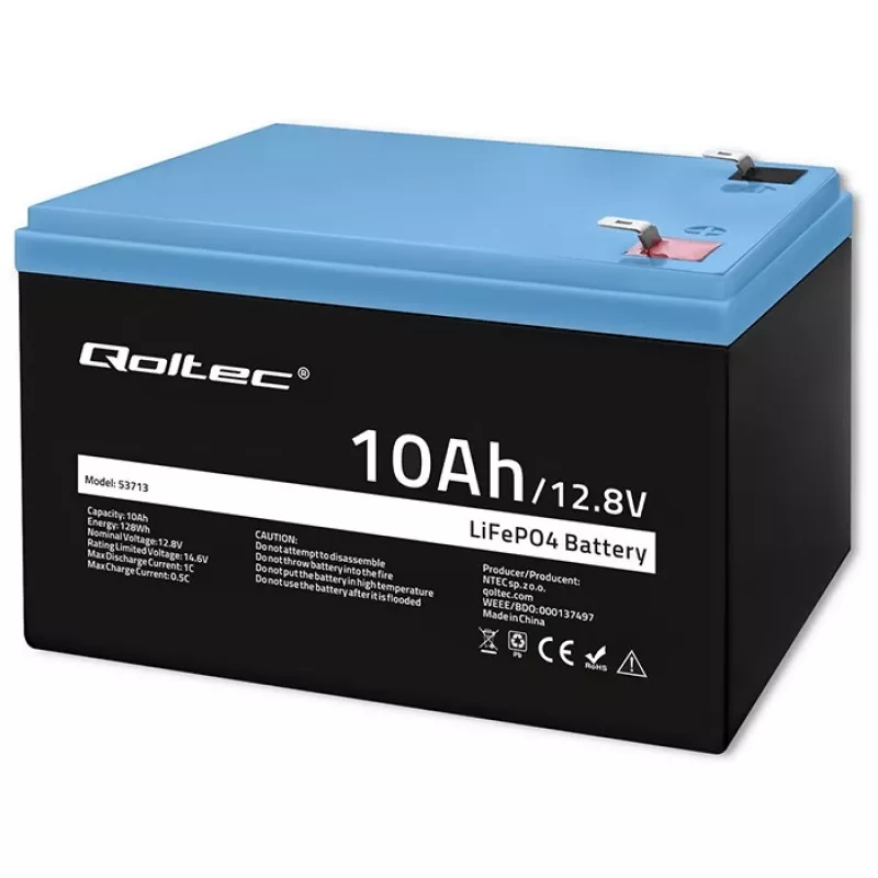 Akkupaketti LiFePO4 QOLTEC 10Ah 12,8V 128Wh integroidulla BMS:llä