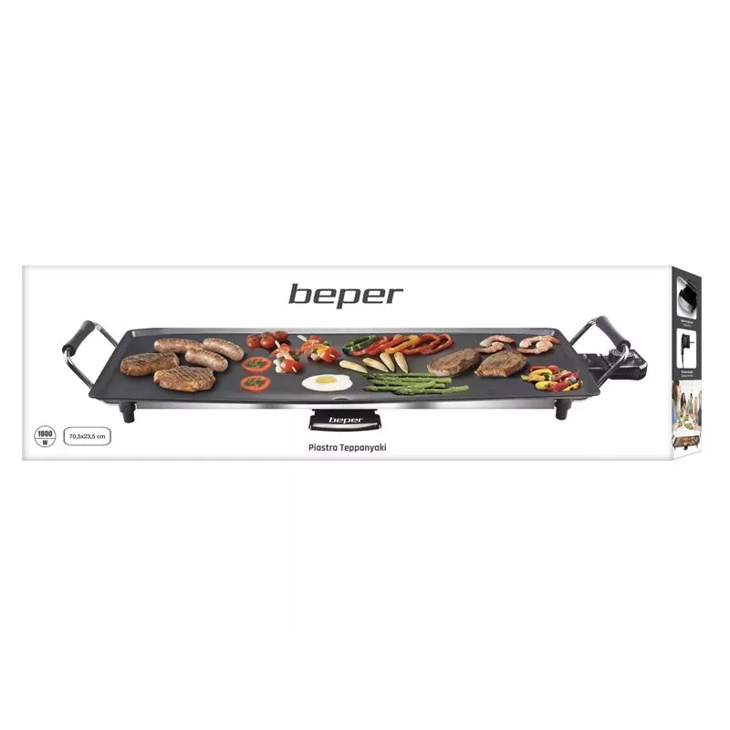 Beper 90.386 teppanyaki-grilli, 70,5 x 23,5 cm tarttumaton levy, 1800 W, musta