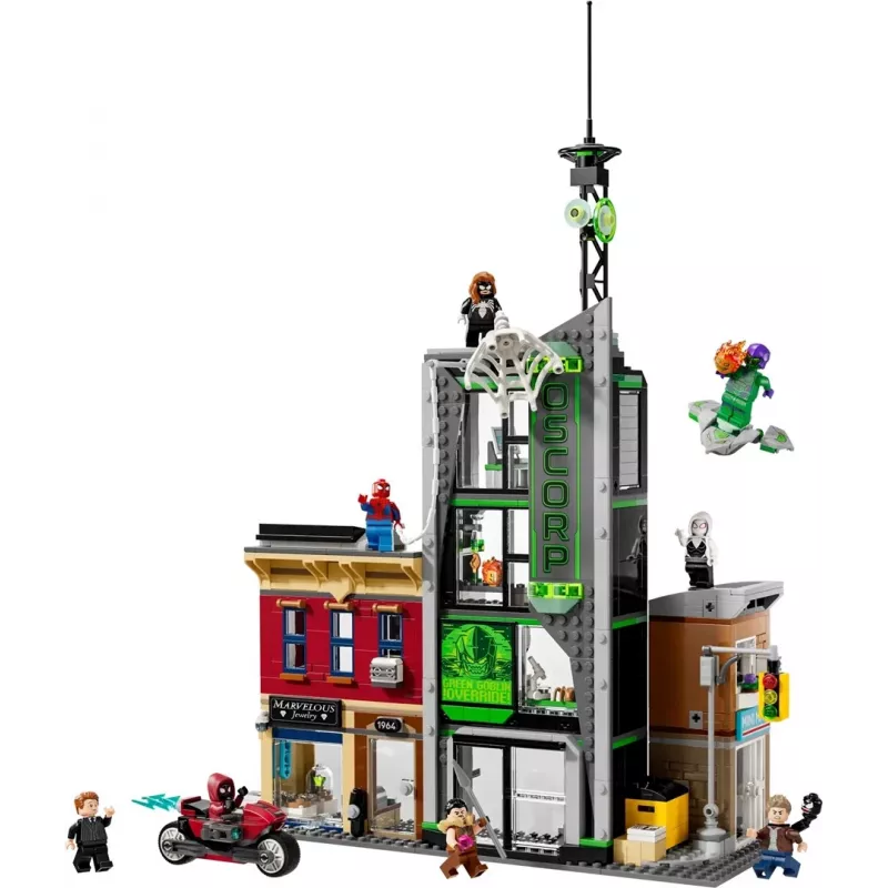 LEGO Marvel -sarja 76324 Spider-Man vs. Oscorp, 808 osaa, 8 minihahmoa, yli 10-vuotiaille
