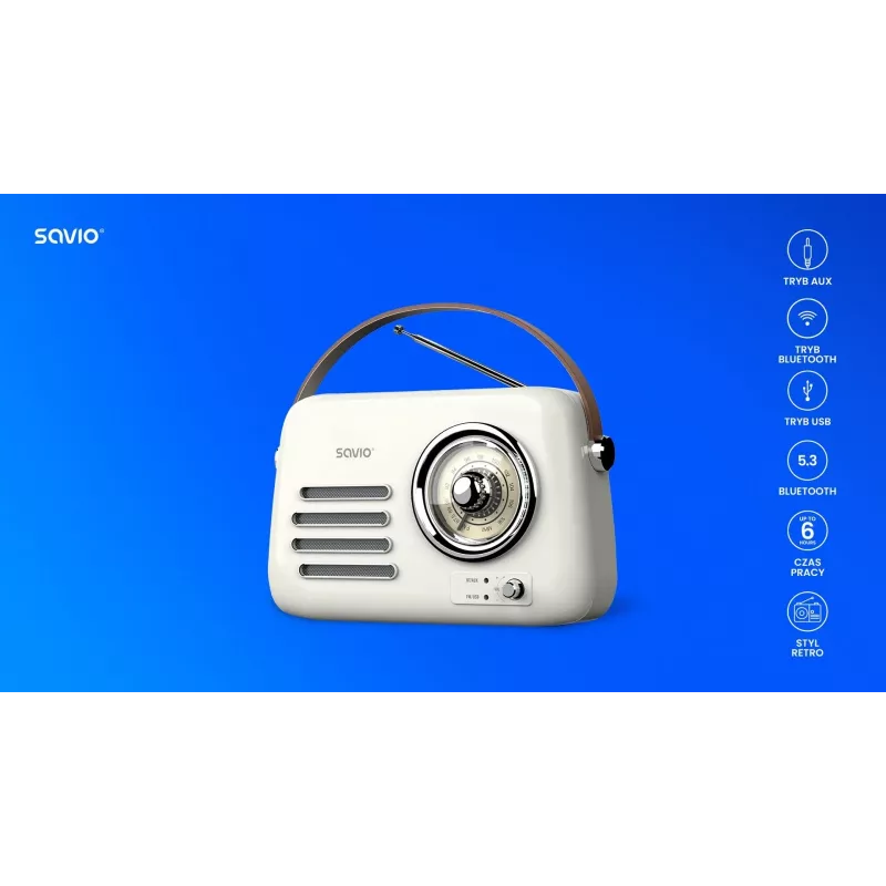 Kannettava radio SAVIO RS-02 — analoginen FM-viritin, Bluetooth 5.3, USB-virtalähde, 3 W, valkoinen