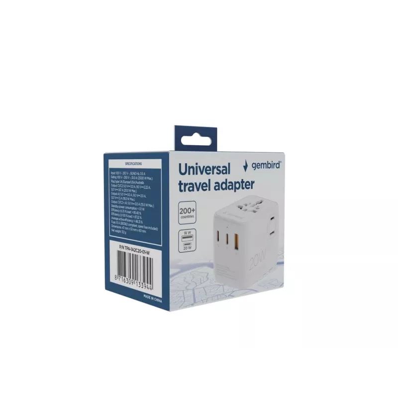 Matkavirtalähde GEMBIRD TPA-1A2C20-01-W — 20 W, USB-A (18 W) + 2× USB-C (20 W), pistoke tyyppi E, valkoinen