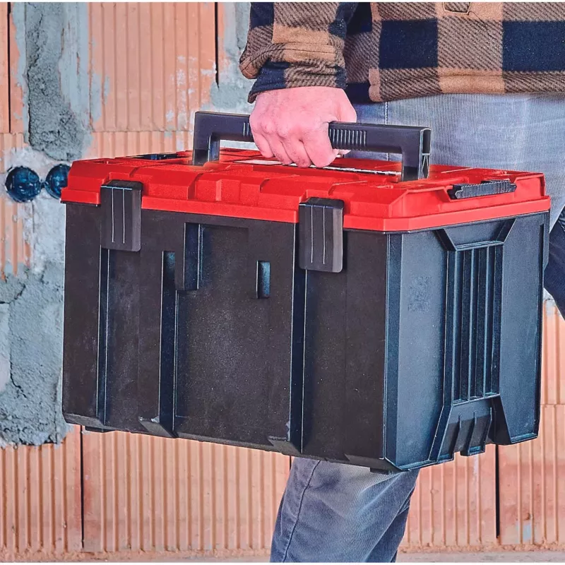 Einhell 4540021 E-Case M järjestelmälaukku, työkalulaatikko, polypropeeni, kantavuus 90 kg, musta/punainen