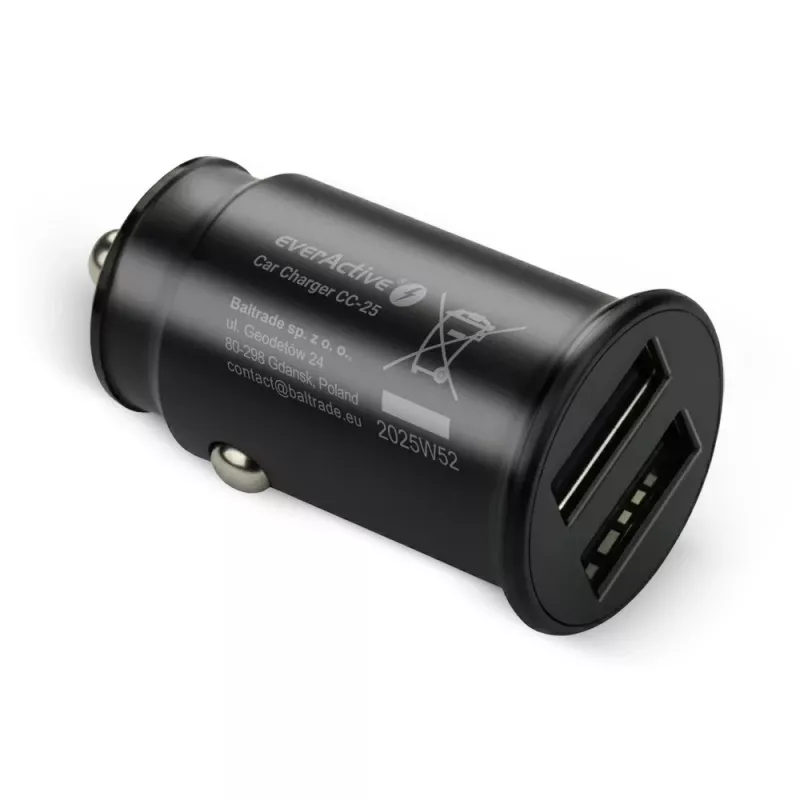Autolaturi everActive CC-25 — 2x USB-liitäntä, 12W kokonaisteho, 12V–24V ajoneuvovirta