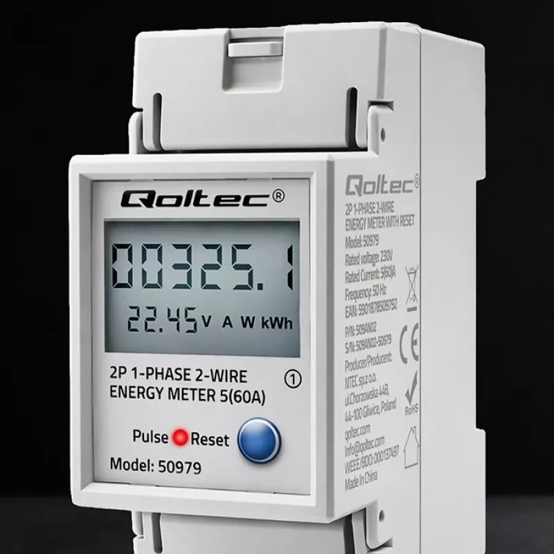 Energiamittari QOLTEC yksivaiheinen DIN-kisko 230V (MPN 50979)