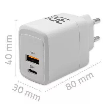 Laturi QOLTEC 51824 GaN 35W USB-C PD & USB QC 3.0, 5–20V, 1x USB-C, 1x USB-A