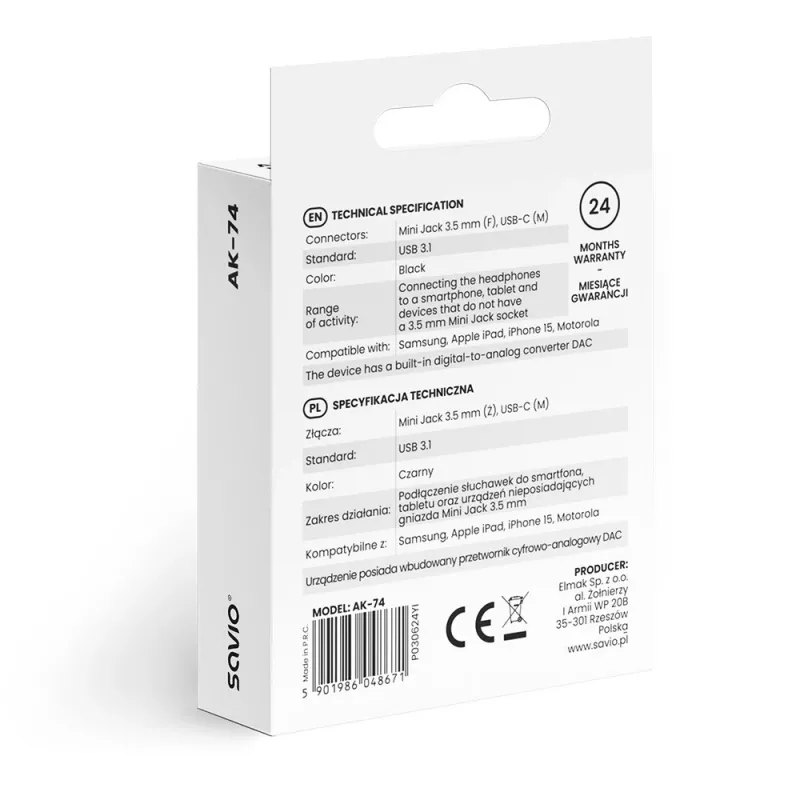 Sovitin audio USB-C Jack 3,5mm AK-74