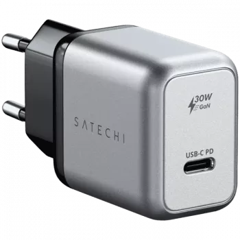 Mobiililaitteen laturi Satechi ST-UC30WCM-EU — yleinen AC-laturi sisäkäyttöön 1× USB-C, musta/hopea