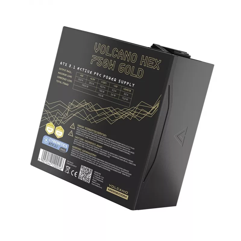 Virtalähde MODECOM VOLCANO HEX GOLD 750W, 80 PLUS Gold, ATX 3.1, modulaarinen, 14 cm tuuletin