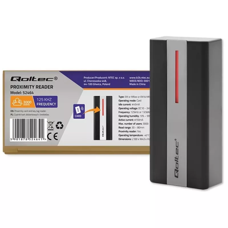 Qoltec RFID kontaktiton kortti- ja avainperä-lukija | EM | Mifare | kortti | avainperä | ABS