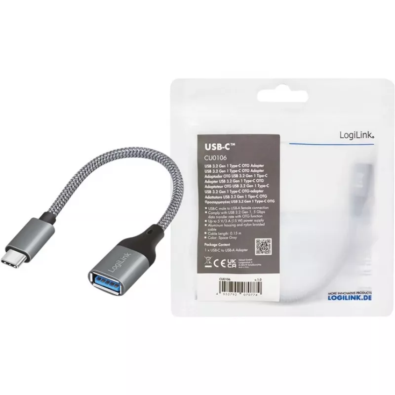 LogiLink USB 3.2 Gen1 Type-C-sovitin C/M - USB-A/F OTG alumiini 0,15 m