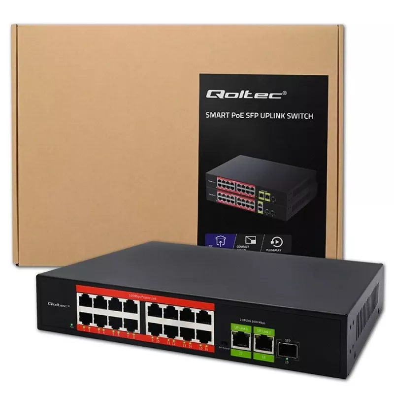 Ethernet PoE -kytkin QOLTEC 16x RJ45, 2x RJ45 uplink, 1x SFP (MPN 52291)