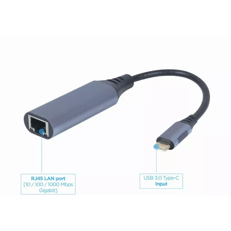 Verkkosovitin Gembird A-USB3C-LAN-01 Type-C USB 3.2 Gen 1, Gigabit RJ-45, 0,15 m kaapeli, metallikotelo, harmaa/musta
