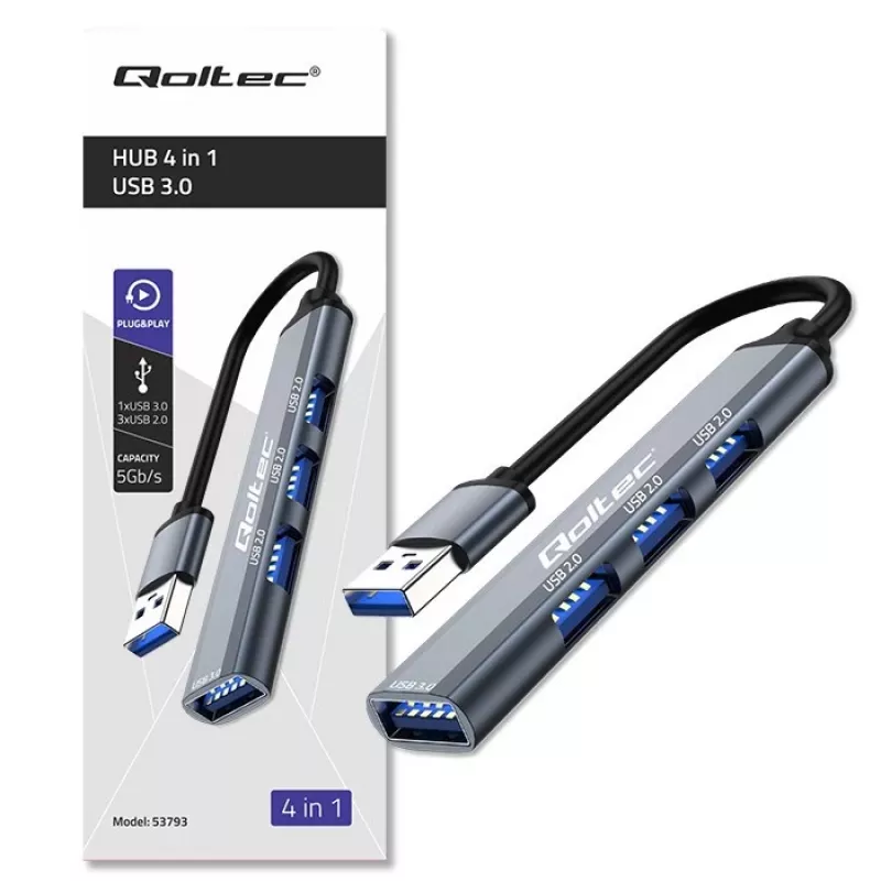 USB-keskitin QOLTEC 53793 — USB 3.0 tulo, 3× USB 2.0 liitäntää