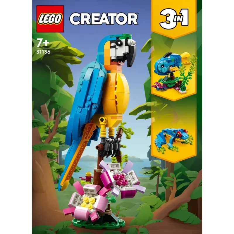 LEGO rakennussarja Exotischer Papagei 31136 — Creator-näyttömalli, 253 osaa, 220×120×110 mm